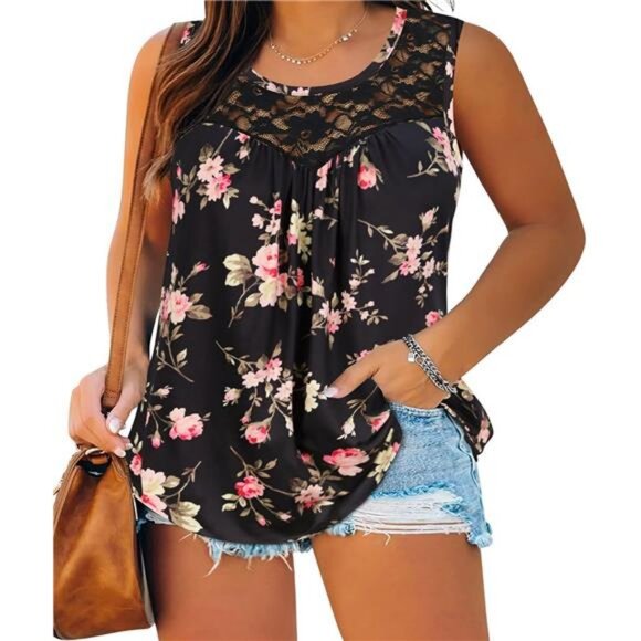 Plus Size Tank Tops for Women Crewneck Pleated Shirts Loose Casual Summer Top - Picture 1 of 3